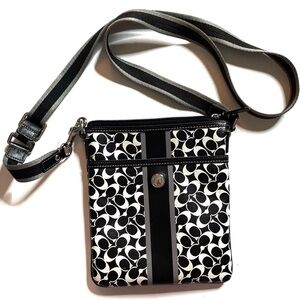Coach Chelsea Heritage Black, White and Grey Stripe Crossbody-Swingback Bag EUC